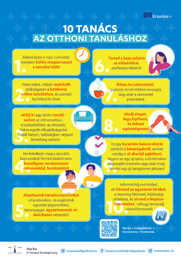 10 tanács az otthon tanuláshoz infografika 10 buborékban felsorolva grafikákkal illusztrálva